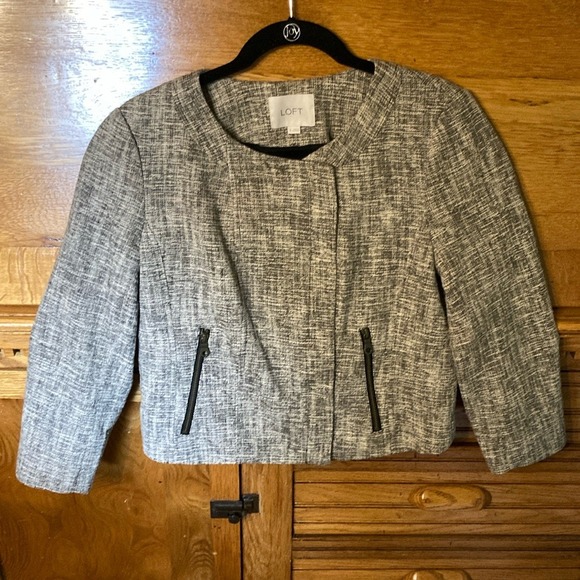 LOFT Jackets & Blazers - Ann Taylor LOFT Womens Black White Tweed Moto Jacket Size 6 Zip Front Cropped
